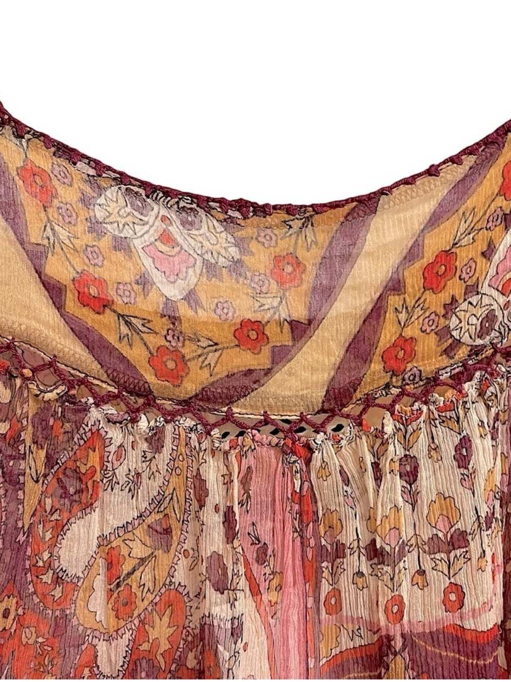 Ice Silk Boho Print Crochet Tassel Peasant Blouse Festival Cottagecore Top Sz S - Picture 6 of 12